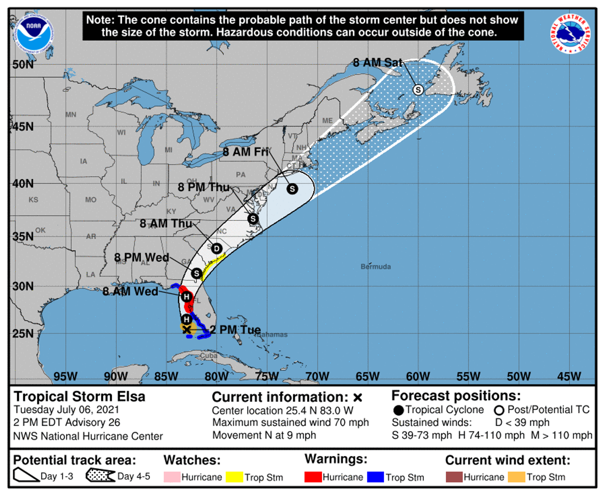 Graphic provided by the US National Oceanic and Atmospheric Administration offers a five-day forecast on the movements of tropical storm Elsa ahead of the storm's looming landfall in Florida. - Sputnik International, 1920, 07.09.2021