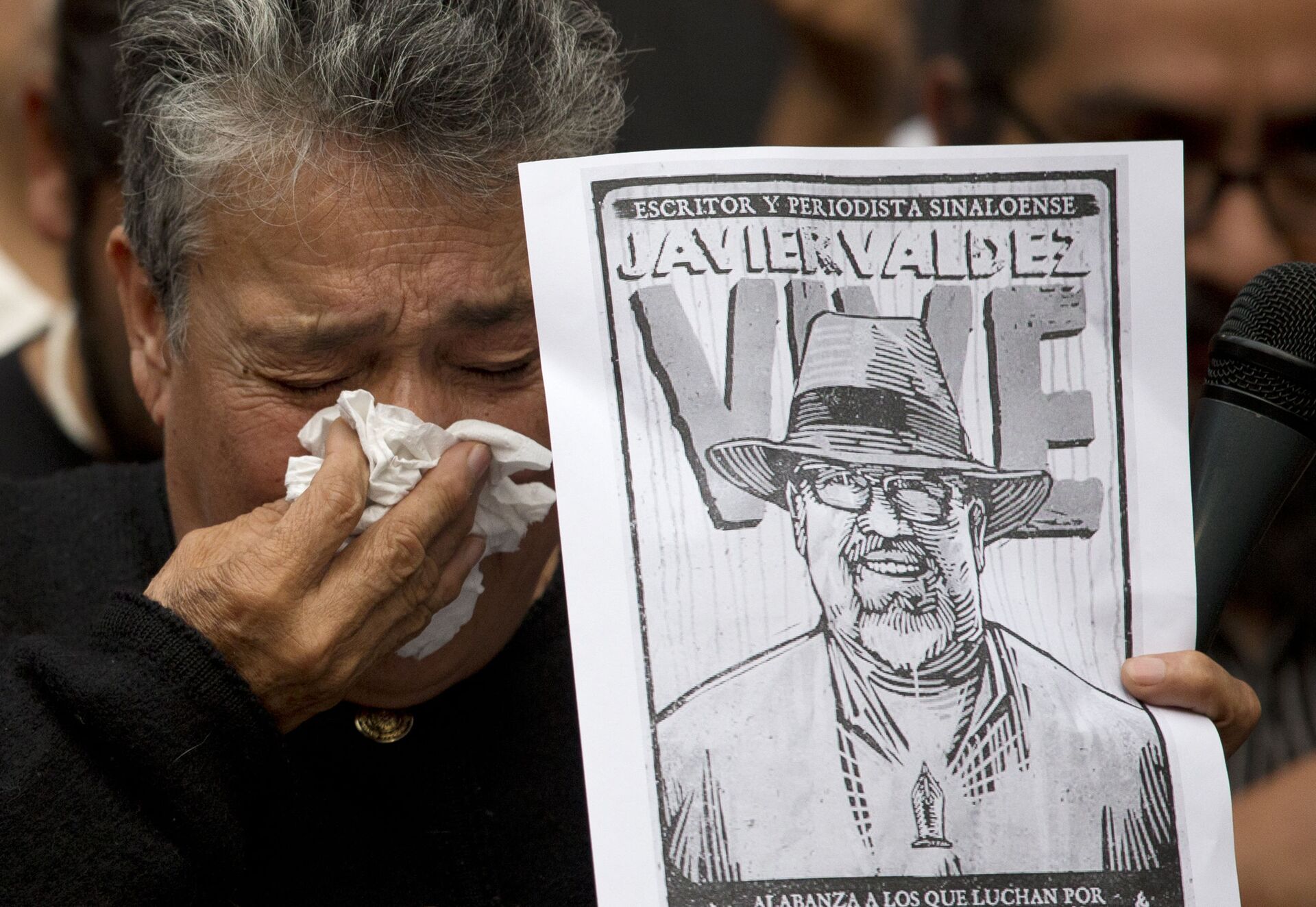 In this May 16, 2017 file photo, Maria Herrera, a mother who became active in the search for Mexico's missing after four of her sons disappeared, weeps after speaking about murdered journalist Javier Valdez during a protest against the killing of reporters, in front of the Interior Ministry in Mexico City. - Sputnik International, 1920, 07.09.2021