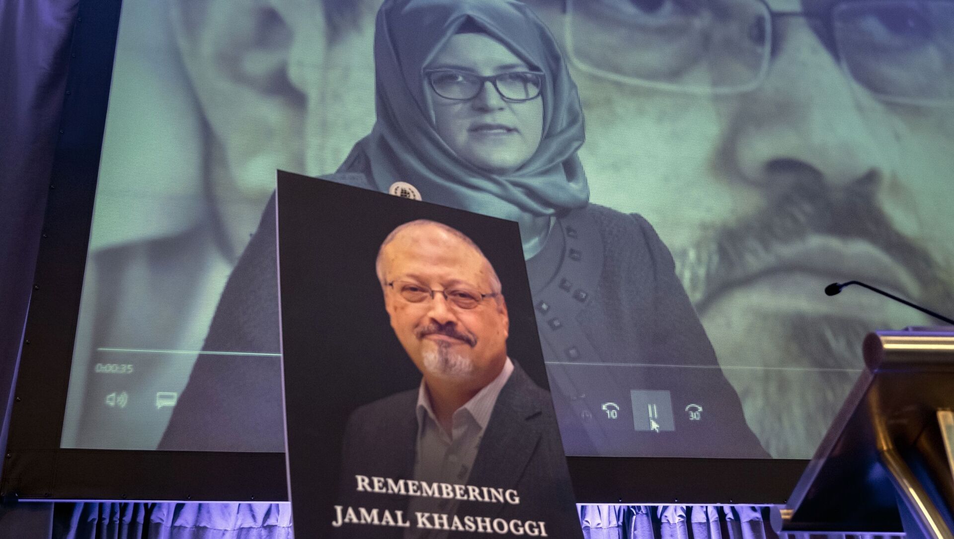 FILE - In this Nov. 2, 2018 file photo, a video image of Hatice Cengiz, fiancee of slain Saudi journalist Jamal Khashoggi, is played during an event to remember Khashoggi, who died inside the Saudi Consulate in Istanbul on Oct. 2, 2018, in Washington - Sputnik International, 1920, 07.07.2021