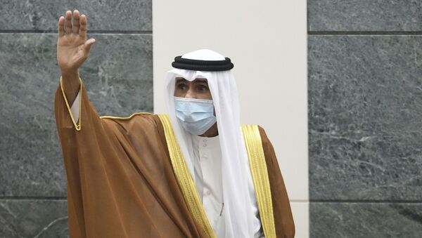 In this Sept. 30, 2020 file photo, the new Emir of Kuwait Sheikh Nawaf Al Ahmad Al Sabah, waves after he was sworn in at the Kuwaiti National Assembly. Kuwait said Thursday, March 4, 2021, that the 83-year-old ruling emir of Kuwait has flown to the United States for medical checks, just months after ascending the throne. - Sputnik International