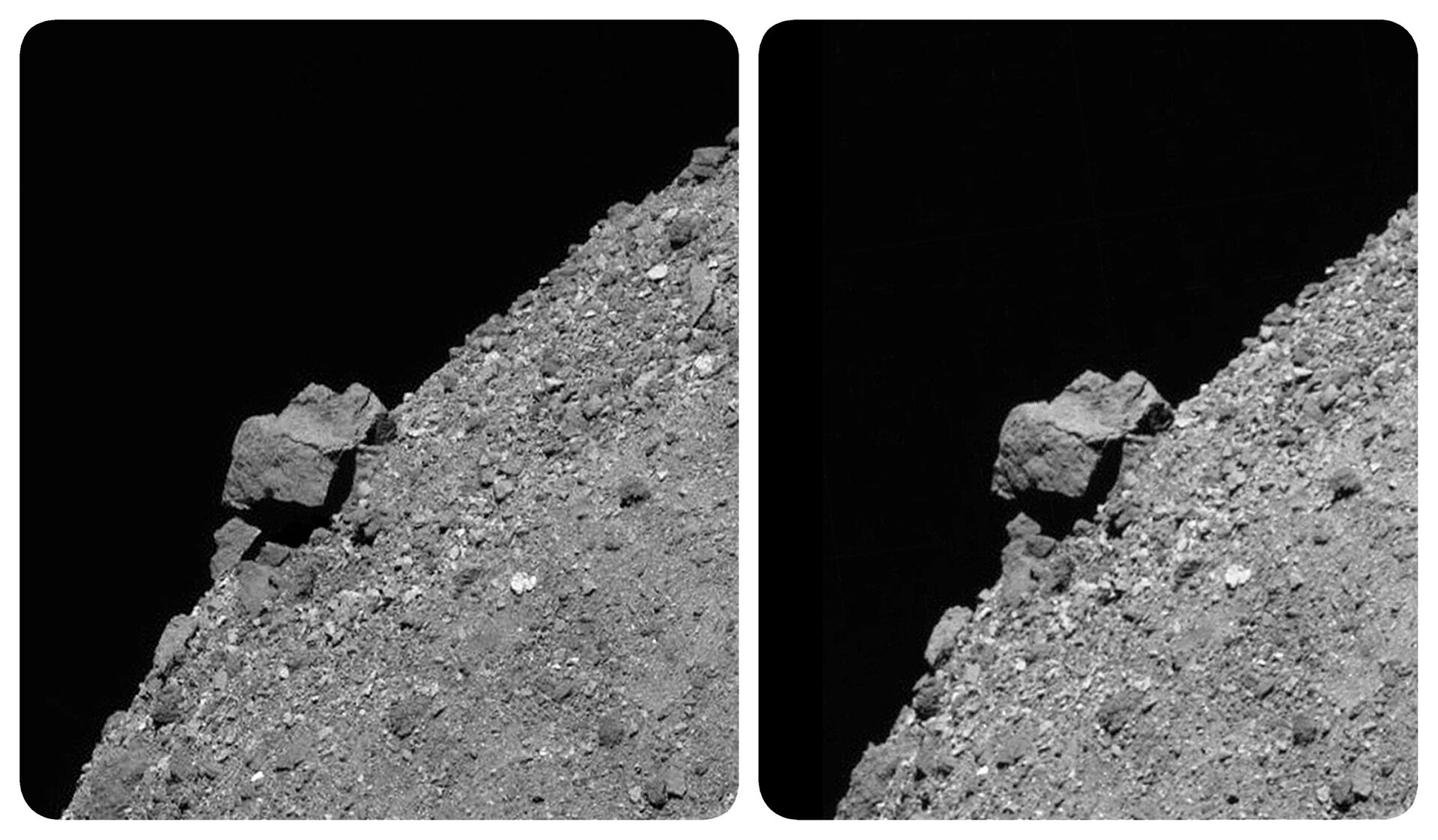 This combination of Dec. 2, 2018 photos made available by NASA shows a set of stereoscopic images of a large, 170-foot (52-meter) boulder that juts from asteroid Bennu's southern hemisphere and the rocky slopes that surround it.  - Sputnik International, 1920, 07.09.2021