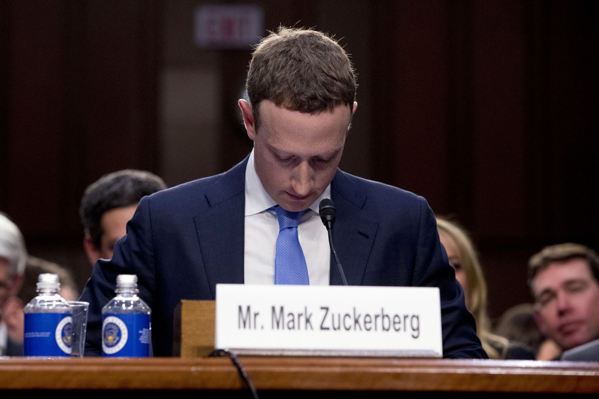 In this April 10, 2018, file photo Facebook CEO Mark Zuckerberg looks down as a break is called during his testimony before a joint hearing of the Commerce and Judiciary Committees on Capitol Hill in Washington. - Sputnik International, 1920, 07.09.2021