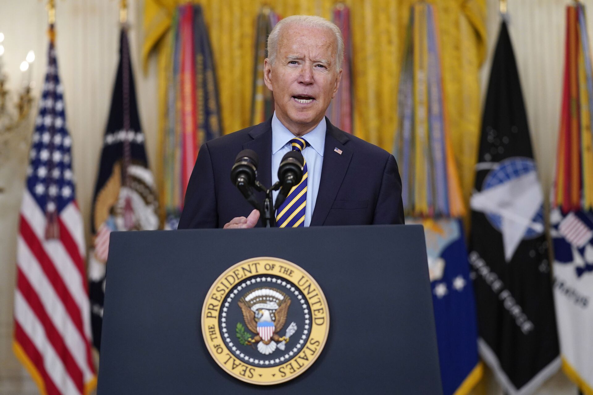 President Joe Biden speaks about the American troop withdrawal from Afghanistan, in the East Room of the White House, Thursday, July 8, 2021, in Washington. - Sputnik International, 1920, 07.09.2021