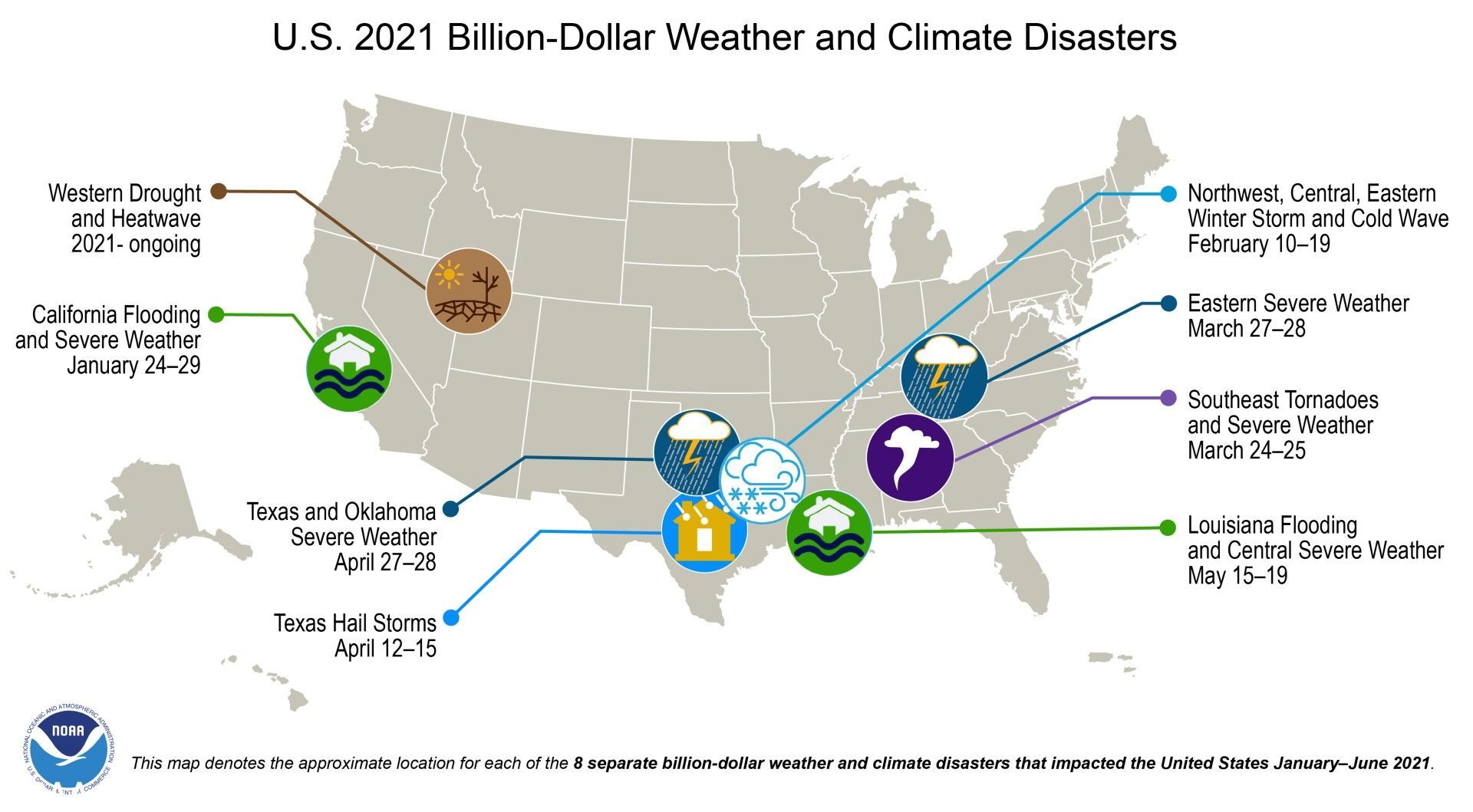 This US map, provided by the US' National Oceanic and Atmospheric Administration, is plotted with eight billion-dollar weather and climate disasters that occurred in the first six months of 2021. - Sputnik International, 1920, 07.09.2021