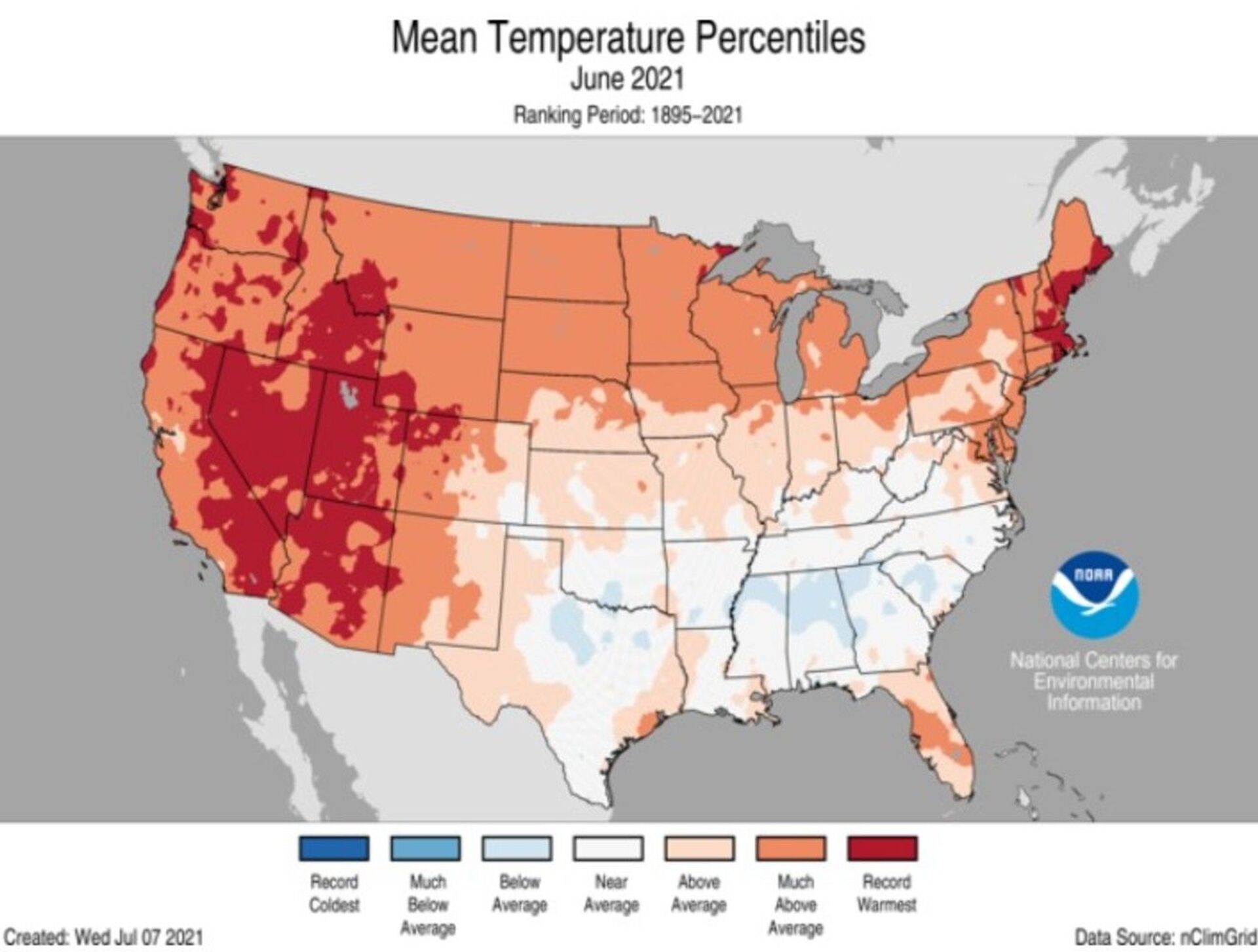 Map provided by the US' National Oceanic and Atmospheric Administration outlines the mean temperature percentiles for June 2021, which officials deemed the hottest June in over 120 years of consistent record keeping. - Sputnik International, 1920, 07.09.2021