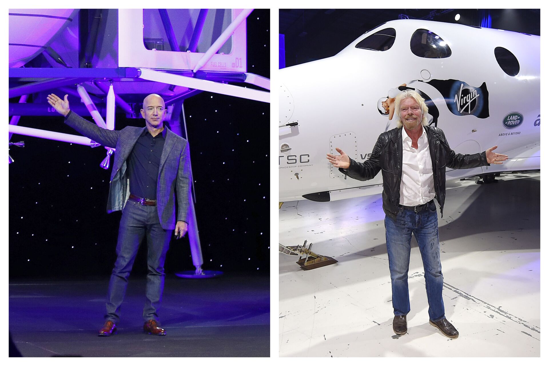 This combination of 2019 and 2016 file photos shows Jeff Bezos with a model of Blue Origin's Blue Moon lunar lander in Washington, left, and Richard Branson with Virgin Galactic's SpaceShipTwo space tourism rocket in Mojave, Calif - Sputnik International, 1920, 20.09.2021
