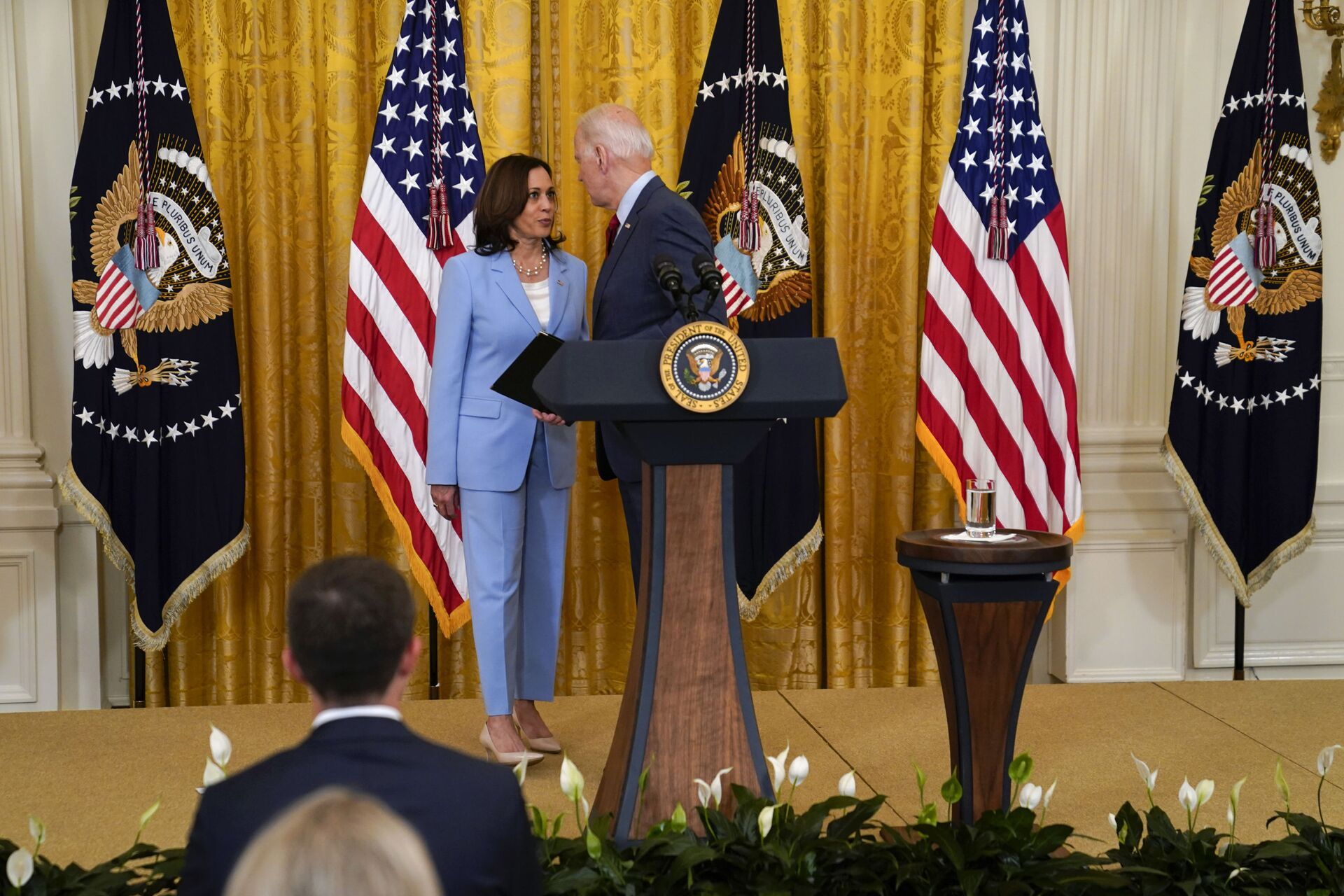 President Joe Biden speaks with Vice President Kamala Harris after Biden spoke about infrastructure negotiations, in the East Room of the White House, Thursday, June 24, 2021, in Washington. - Sputnik International, 1920, 07.09.2021