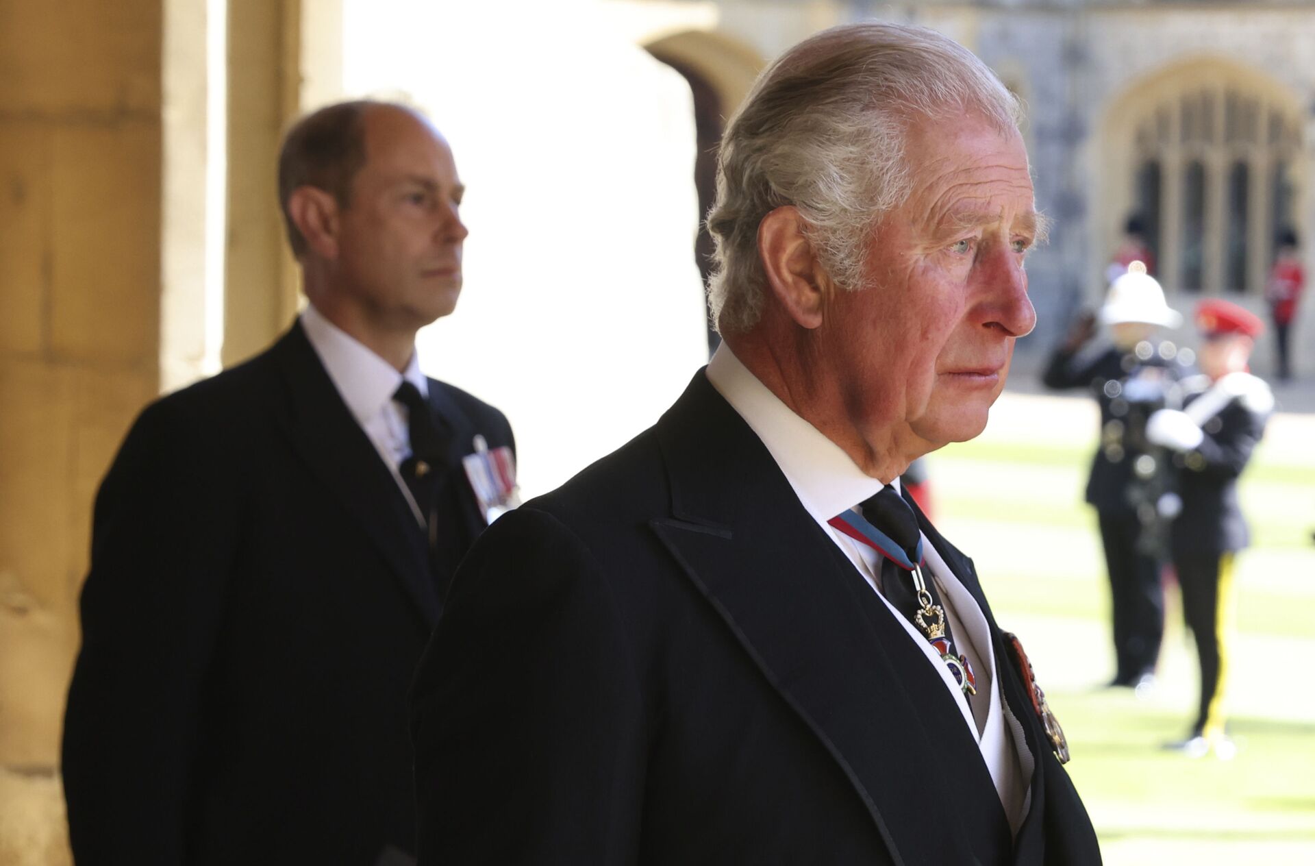 Prince Charles, right, and Prince Edward follow the procession during the funeral of Britain's Prince Philip inside Windsor Castle in Windsor, England, Saturday, April 17, 2021. Prince Philip died April 9 at the age of 99 after 73 years of marriage to Britain's Queen Elizabeth II - Sputnik International, 1920, 23.04.2022