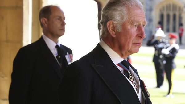 Prince Charles, right, and Prince Edward follow the procession during the funeral of Britain's Prince Philip inside Windsor Castle in Windsor, England, Saturday, April 17, 2021. Prince Philip died April 9 at the age of 99 after 73 years of marriage to Britain's Queen Elizabeth II - Sputnik International