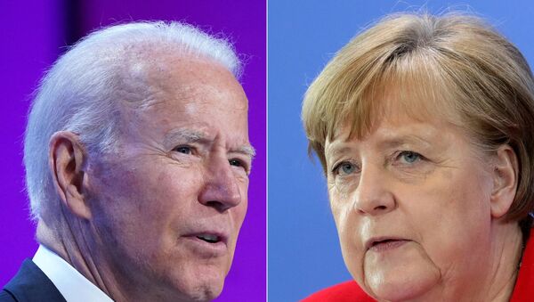 This combination of pictures created on July 14, 2021 shows US President Joe Biden in Washington, DC on July 2, 2021 and German Chancellor Angela Merkel in Berlin on May 6, 2020. - US President Joe Biden will participate in a bilateral meeting with Dr. Angela Merkel, Chancellor of the Federal Republic of Germany on July 15 in Washington DC, this visit will affirm the deep and enduring bilateral ties between the United States and Germany. - Sputnik International