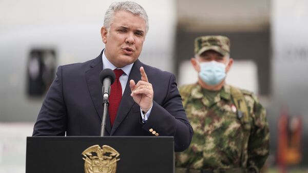 Colombia's President Ivan Duque speaks after the arrival of a shipment of Johnson & Johnson vaccines against the coronavirus disease (COVID-19), in Bogota, Colombia July 1, 2021. - Sputnik International
