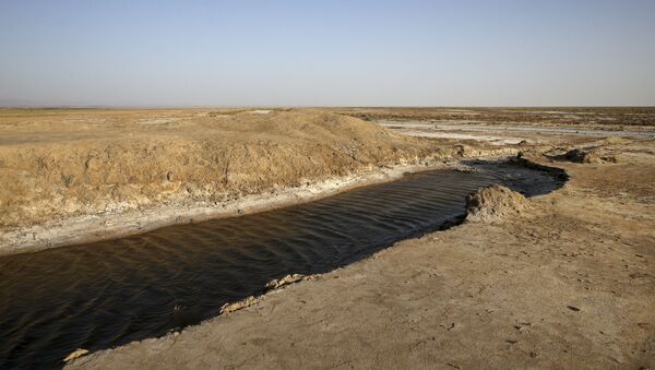 This Tuesday, 10 July 2018 photo, shows one of last puddles of salty water remaining in the the Gavkhouni wetlands, which was once a swamp fed by the Zayandeh Roud river, and is now  surrounded by desicated salt-laced fields, outside the town of Varzaneh and its suburbs, home to 30,000 people, some 550 kilometers (340 miles), south of the capital Tehran, Iran. Farmers in central Iran are increasingly turning to protests, pleading to authorities for a solution as years of drought and government mismanagement of water destroy their livelihoods. (AP Photo/Vahid Salemi) - Sputnik International