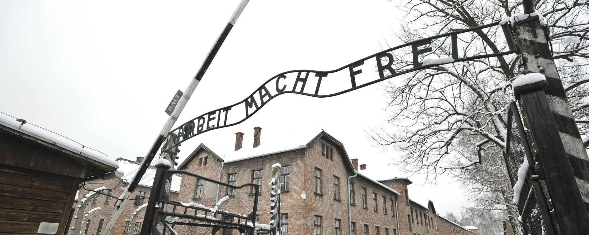 Visitors and media stand by the entrance gate of the Auschwitz Nazi death camp in Oswiecim, Poland, Monday, Jan. 26, 2015 - Sputnik International, 1920, 16.07.2021