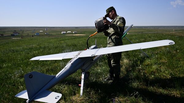 An Orlan-10 surveillance drone at a firing range in Chelyabinsk region, Russia. - Sputnik International