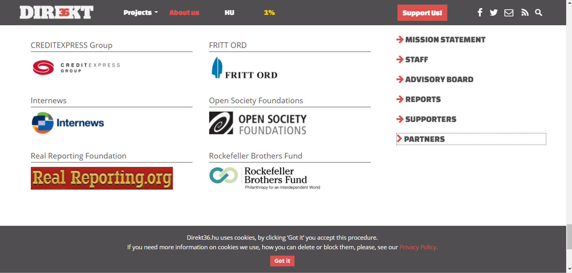 Screengrab of Direkt36.hu's 'Partners' page, listing Open Society Foundations and others among its partners. - Sputnik International, 1920, 07.09.2021