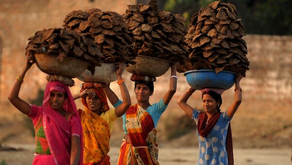 Indian village women carry dried cow dung cakes in the Teliarganj area on the outskirts of Allahabad on December 21, 2009 - Sputnik International