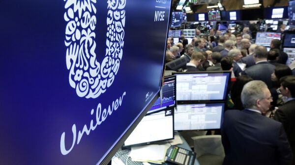 FILE - In this Thursday, March 15, 2018 file photo, the logo for Unilever appears above a trading post on the floor of the New York Stock Exchange. Consumer products giant Unilever, said Thursday July 23, 2020, that second-quarter sales were only slightly lower than the same period a year ago despite the lockdown measures triggered by the global fight against the coronavirus. - Sputnik International