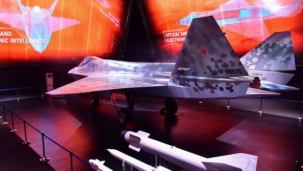 A prototype of Russia's new Sukhoi Checkmate Fighter is displayed at the MAKS 2021 International Aviation and Space Salon, in Zhukovsky, outside Moscow, Russia. The missiles on display include the R-73 and R-77 anti-air missiles and the Kh-59MK anti-ship missile.  - Sputnik International