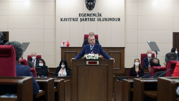 Turkish President Tayyip Erdogan addresses the members of the parliament of Turkish Republic of Northern Cyprus, a breakway state recognized only by Turkey, in northern Nicosia, Cyprus July 19, 2021. - Sputnik International