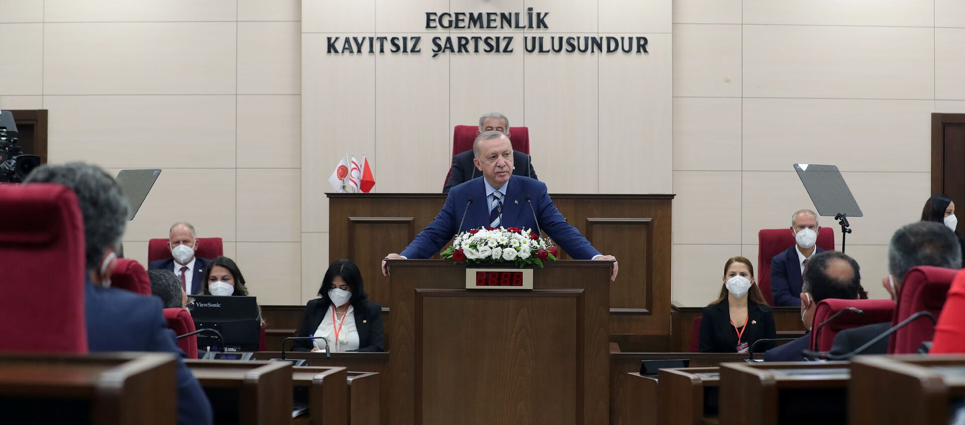 Turkish President Tayyip Erdogan addresses the members of the parliament of Turkish Republic of Northern Cyprus, a breakway state recognized only by Turkey, in northern Nicosia, Cyprus July 19, 2021. - Sputnik International, 1920, 21.07.2021