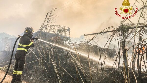 A firefighter battles the flames after a large wildfire broke out near Santu Lussurgiu, Sardinia, Italy July 24, 2021. - Sputnik International
