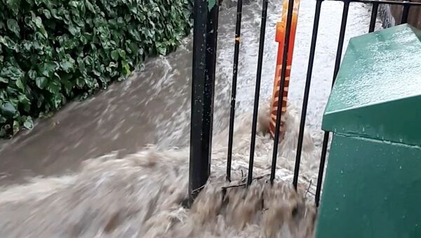 Floodwater flows out of Queen's Wood into Wood Vale, London, Britain in this still frame obtained from social media video dated July 12, 2021.  - Sputnik International