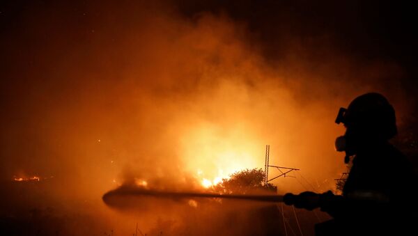 A firefighter battles a wildfire near Afidnes, north of Athens, Greece August 5, 2021.  - Sputnik International