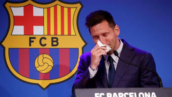 Soccer Football - Lionel Messi holds an FC Barcelona press conference - 1899 Auditorium, Camp Nou, Barcelona, Spain - August 8, 2021 Lionel Messi during the press conference REUTERS/Albert Gea     TPX IMAGES OF THE DAY - Sputnik International