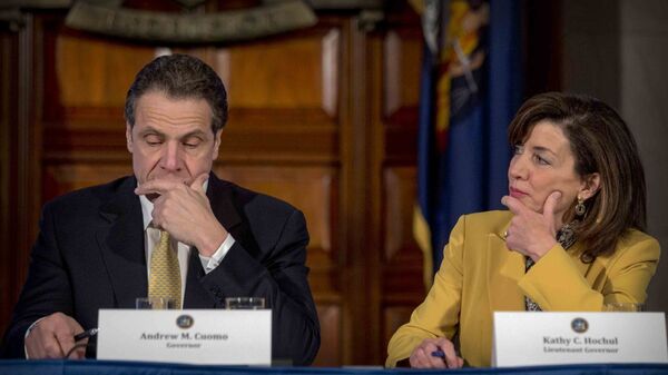 FILE - This photo from Wednesday, Feb. 25, 2015, shows New York Gov. Andrew Cuomo, left, and Lt. Gov. Kathy Hochul during a cabinet meeting at the Capitol in Albany, N.Y. Cuomo faces possible impeachment following findings from an independent investigation overseen by state Attorney General Letitia James - Sputnik International
