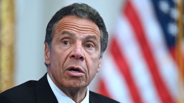  In this file photo Governor of New York Andrew Cuomo speaks during a press conference at the New York Stock Exchange (NYSE) on May 26, 2020 at Wall Street in New York City. - Sputnik International