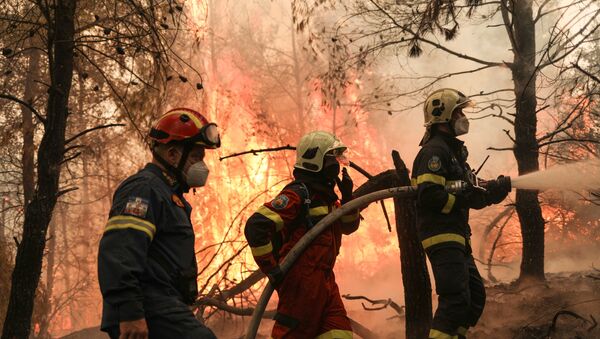 Two firefighters from Greece and one firefighter from Slovakia try to extinguish a wildfire burning in the village of Avgaria, on the island of Evia, Greece, August 10, 2021 - Sputnik International