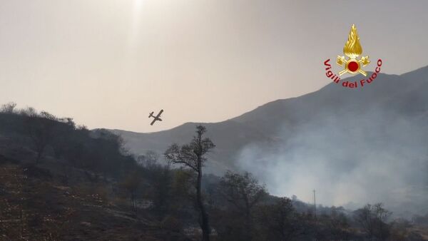 This handout picture taken and released on August 10, 2021 by the Italian Firefighters Vigili del Fuoco shows a fire-fighting plane dropping water over a fire burning actively around Palermo, Sicily, that have forced of people from their homes.  - Sputnik International