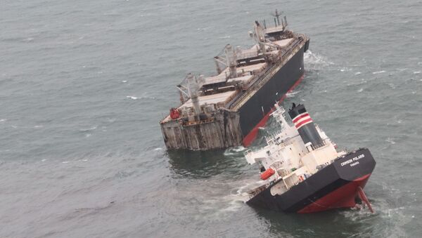 A view of the Panamanian-registered ship 'Crimson Polaris' after it ran aground in Hachinohe harbour in Hachinohe, northern Japan, August 12, 2021, in this handout photo taken and released by 2nd Regional Coast Guard Headquarters. - Sputnik International