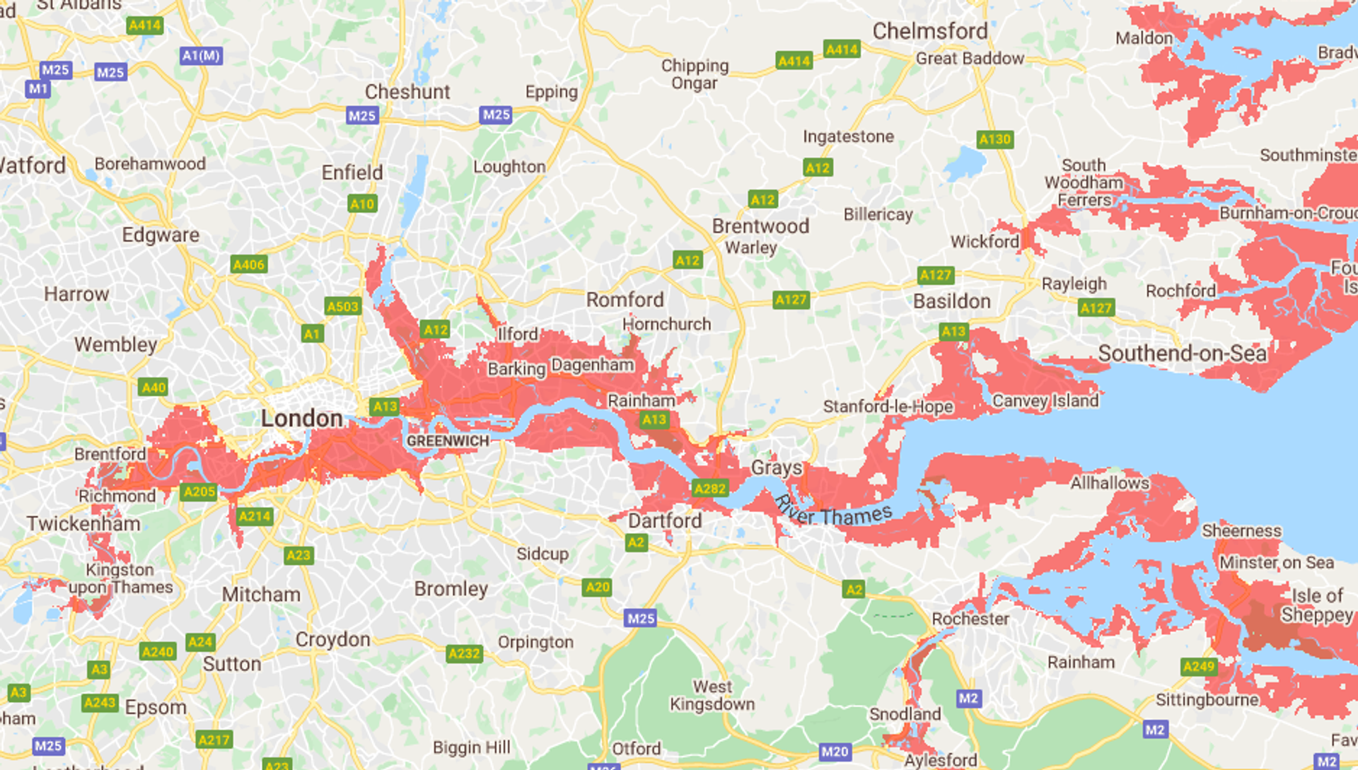 Areas in London that are at risk of staying submerged by 2030, according to a Climate Central interactive map - Sputnik International, 1920, 07.09.2021