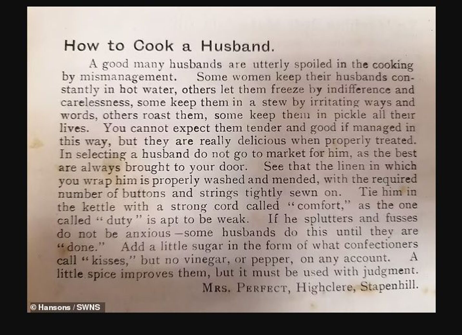  Recipe on how best to 'cook a husband' in 1911 UK cook book  - Sputnik International, 1920, 07.09.2021