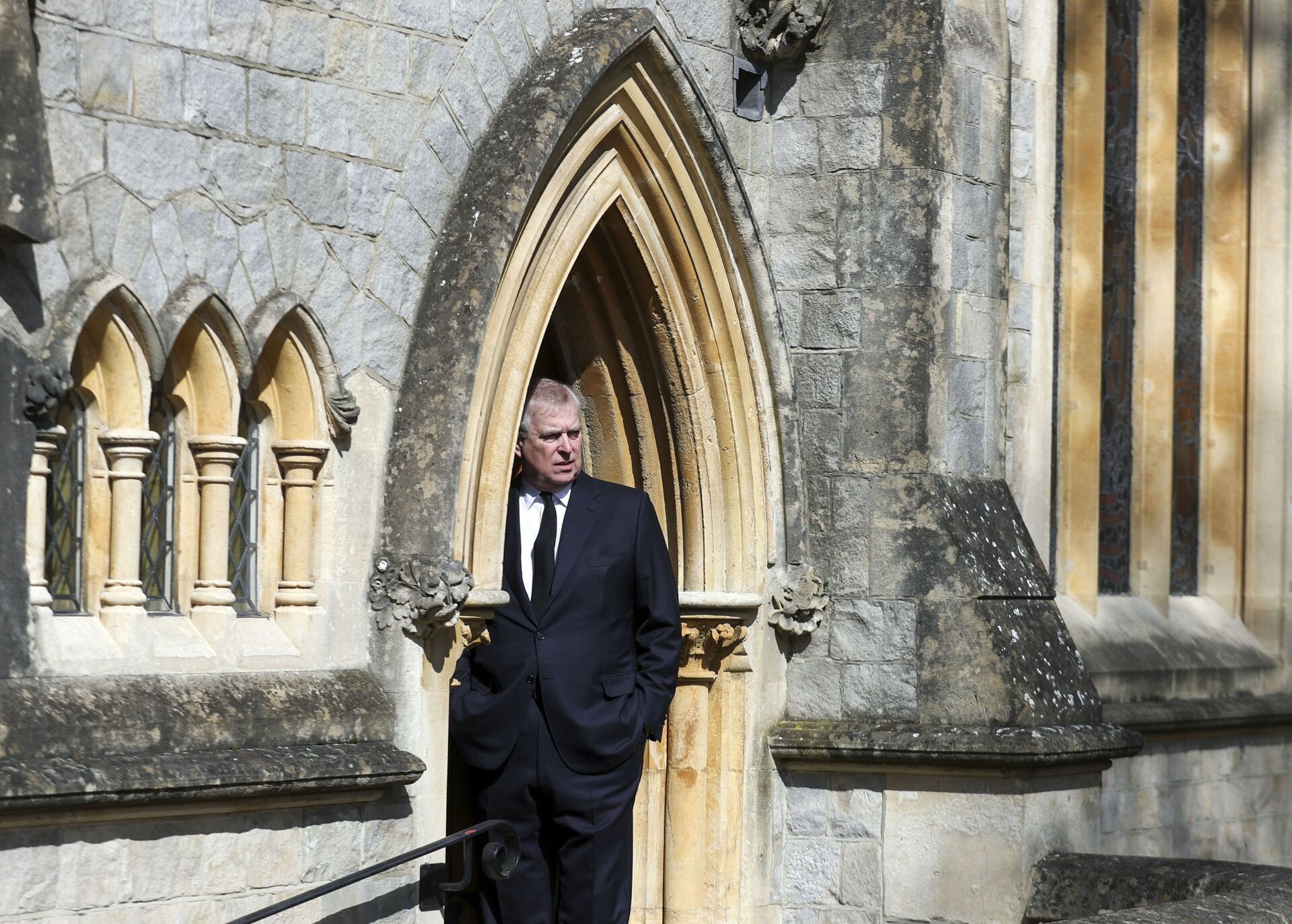 Britain's Prince Andrew attends the Sunday service at the Royal Chapel of All Saints at Royal Lodge, Windsor, following the death announcement of his father, Prince Philip, in England, Sunday, April 11, 2021. - Sputnik International, 1920, 20.09.2021