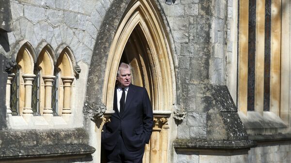 Britain's Prince Andrew attends the Sunday service at the Royal Chapel of All Saints at Royal Lodge, Windsor, following the death announcement of his father, Prince Philip, in England, Sunday, April 11, 2021. - Sputnik International