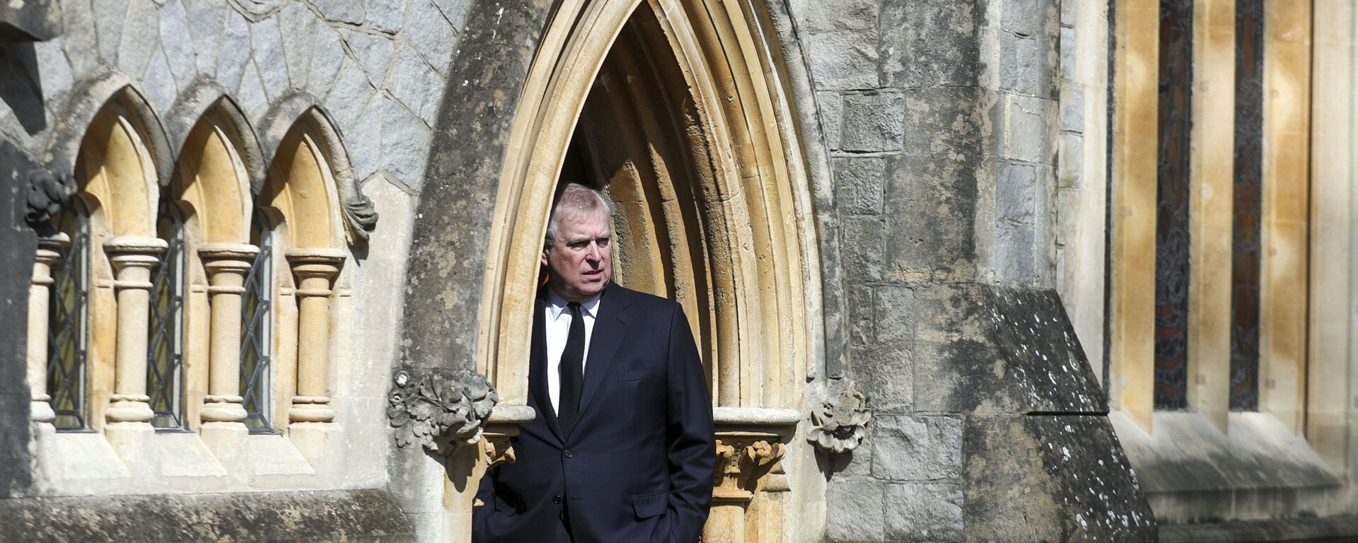 Britain's Prince Andrew attends the Sunday service at the Royal Chapel of All Saints at Royal Lodge, Windsor, following the death announcement of his father, Prince Philip, in England, Sunday, April 11, 2021. - Sputnik International, 1920, 31.12.2021
