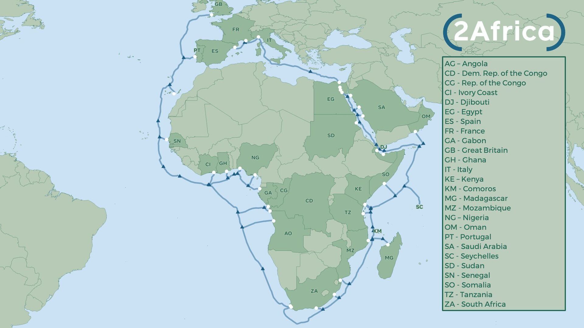 A 2020 map of the initial landing points for the 2Africa subsea cable system. ***Additional points have been added since publication of the graphic.  - Sputnik International, 1920, 07.09.2021