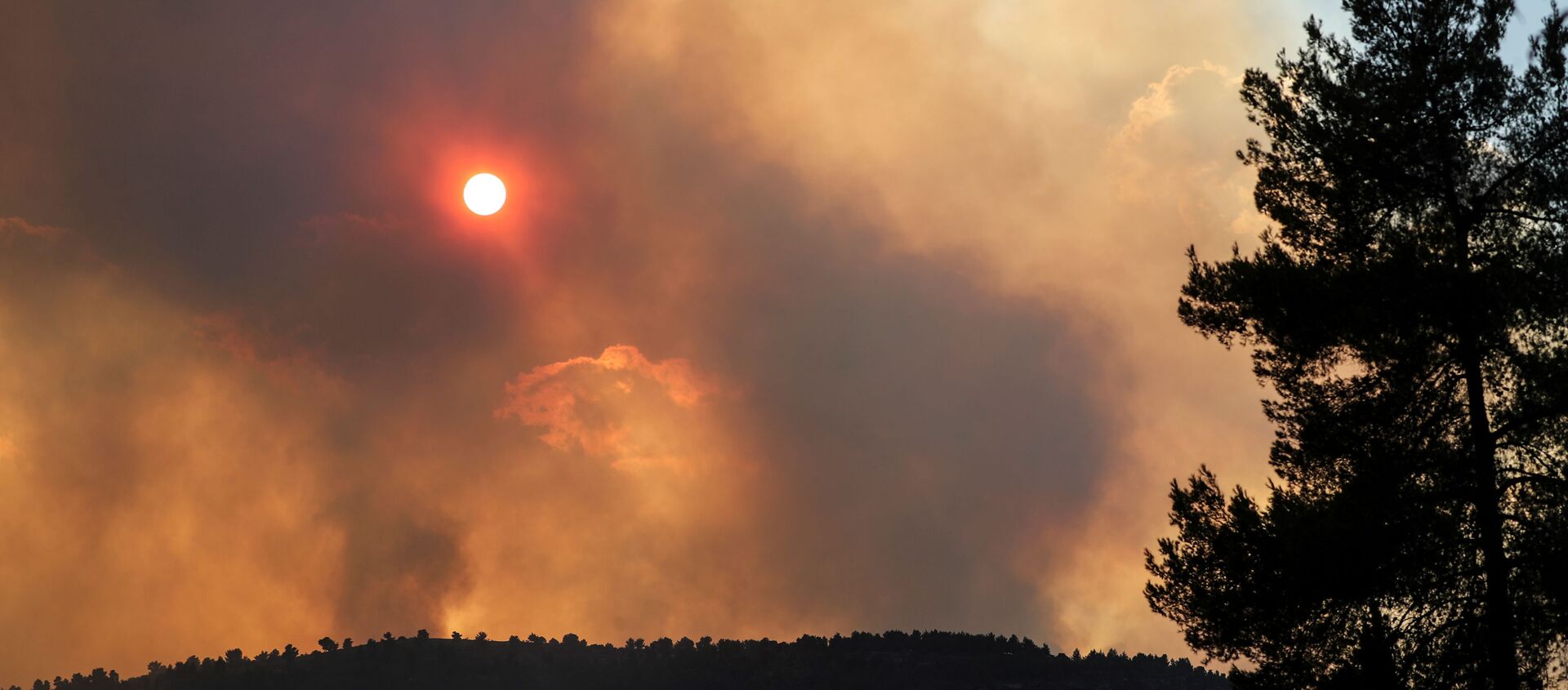 The sun can be seen behind smoke over the mountains, caused by wildfire as firefighting planes and firefighters try to gain control over it in Givat Yearim, on the outskirts of Jerusalem August 15, 2021. - Sputnik International, 1920, 17.08.2021
