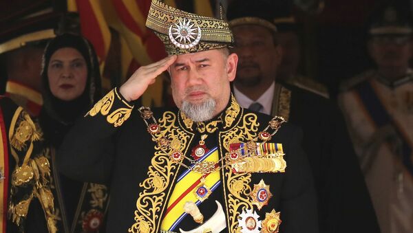FILE - In this July 17, 2018, file photo, Malaysian then King Sultan Muhammad V salutes during the national anthem at the opening of the 14th parliament session at the Parliament house in Kuala Lumpur, Malaysia - Sputnik International