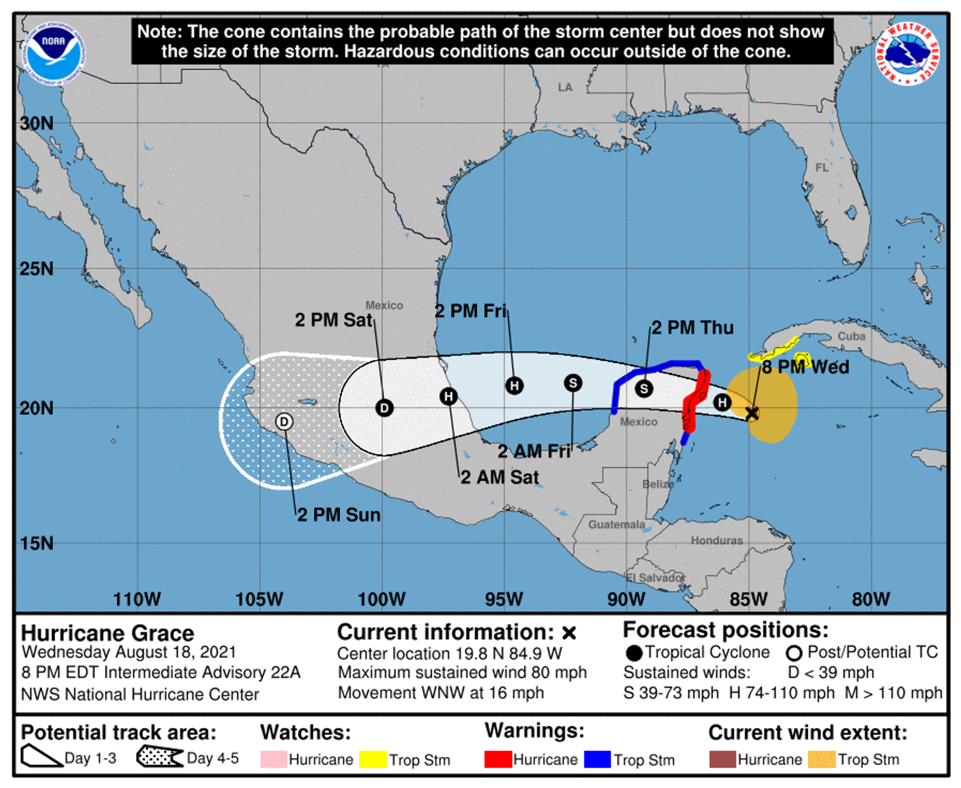 Forecast provided by the US National Hurricane Center predicts that Hurricane Grace will be making landfall in Mexico's Yucatán Peninsula by late Wednesday into early Thursday. However, the Category 1 system is expected to gain momentum upon entering the Gulf of Mexico and making a second landfall on the Mexican mainland early Friday. - Sputnik International, 1920, 07.09.2021