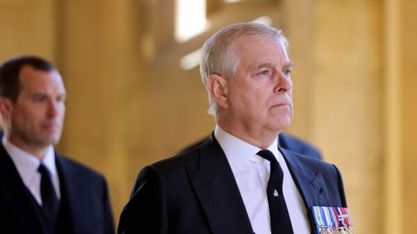 Britain's Britain's Prince Andrew, Duke of York, looks on during the funeral of Britain's Prince Philip, husband of Queen Elizabeth, who died at the age of 99, on the grounds of Windsor Castle in Windsor, Britain, April 17, 2021.  - Sputnik International
