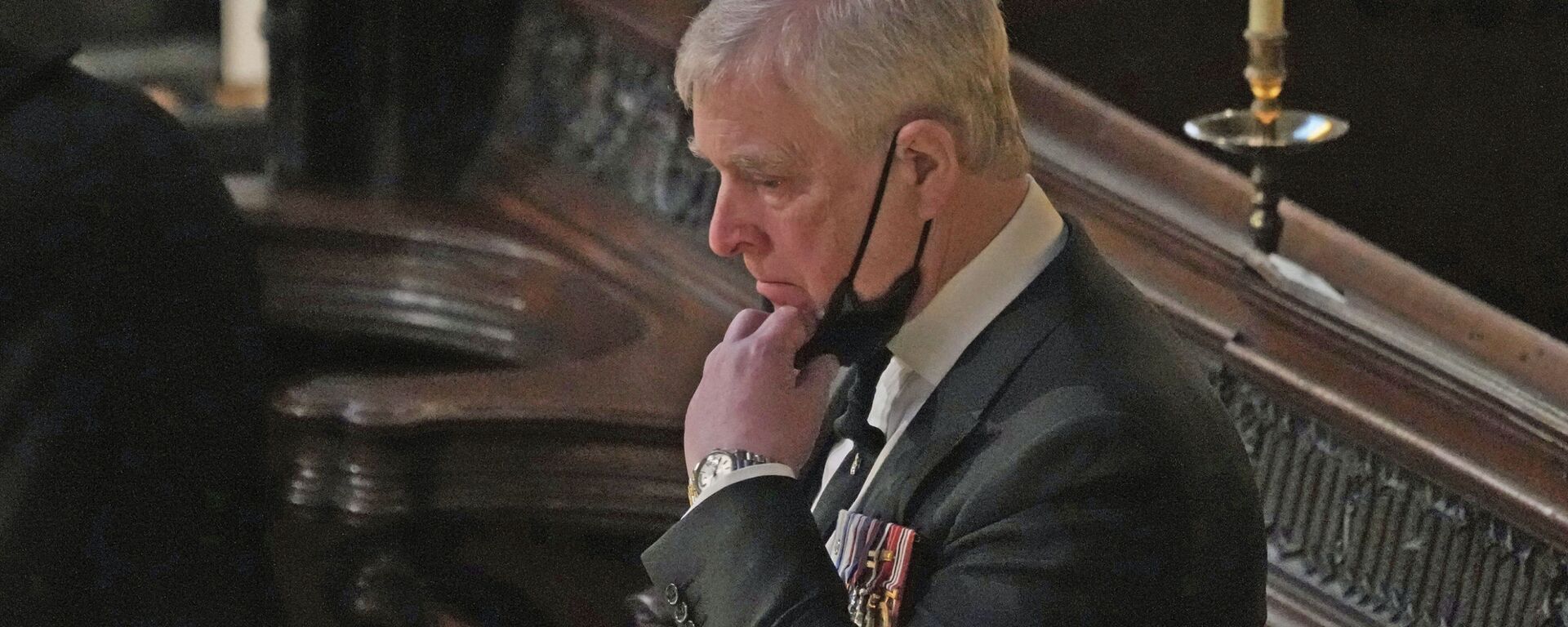 Britain's Prince Andrew stands inside St. George's Chapel during the funeral of his father, Prince Philip, at Windsor Castle, Windsor, England, Saturday April 17, 2021. - Sputnik International, 1920, 02.06.2022