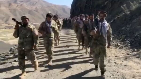 Anti-Taliban resistance troops walk in Panjshir Valley, Afghanistan August 25, 2021 in this still image taken from video - Sputnik International