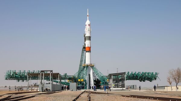 In this handout photo released by Russian Space Agency Roscosmos, Soyuz 2.1a rocket booster with Soyuz MS-18 spacecraft is prepared for launch on a launchpad, at the Baikonur Cosmodrome, Kazakhstan - Sputnik International