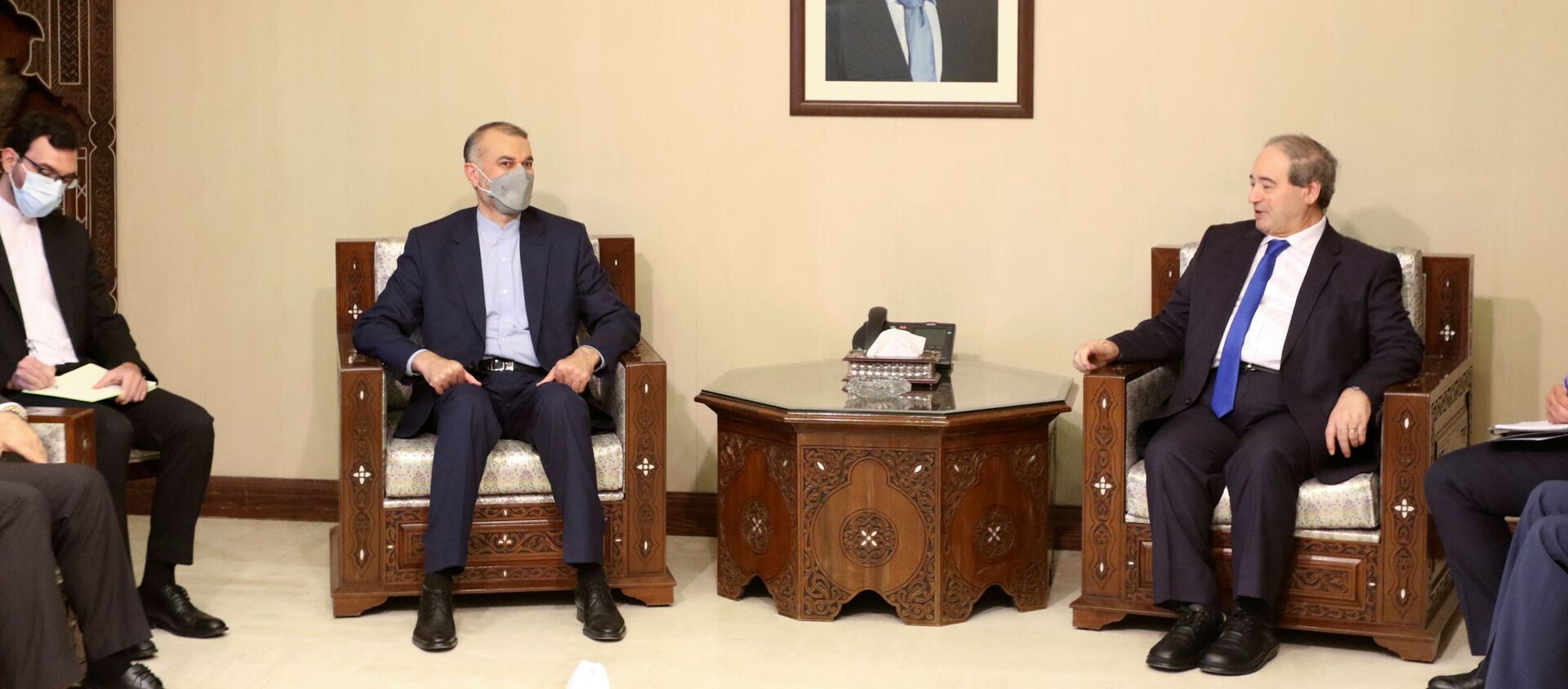 Iran's Foreign Minister, Hossein Amir Abdollahian, and Syrian Foreign Minister Faisal al Mekdad, meet at the Foreign Ministry in Damascus, Syria August 29, 2021 - Sputnik International, 1920, 29.08.2021