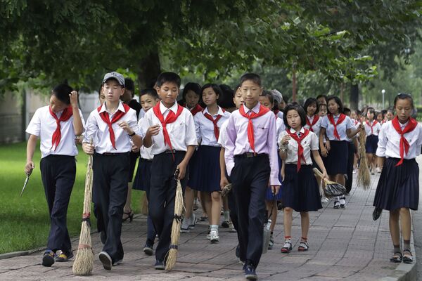 School children carry brooms as they walk to various public spaces to sweep  and weed the grass in efforts to keep the city clean on 28 July 2017, in Pyongyang, North Korea. - Sputnik International
