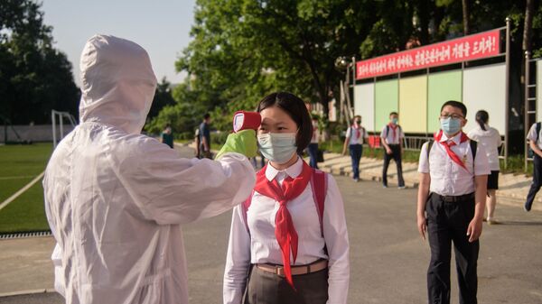 A pupil has her temperature taken as part of an anti-Covid-19 procedures before entering Pyongyang Secondary School No. 1 in Pyongyang on 22 June 2021 - Sputnik International