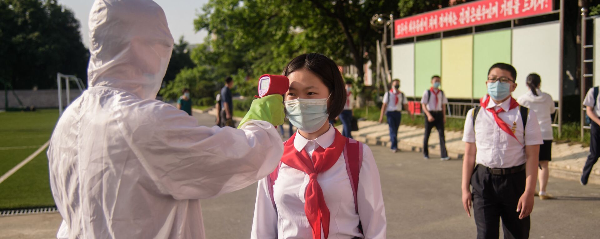 A pupil has her temperature taken as part of an anti-Covid-19 procedures before entering Pyongyang Secondary School No. 1 in Pyongyang on 22 June 2021 - Sputnik International, 1920, 03.09.2021